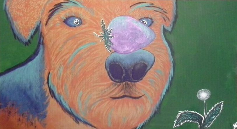 This painting features a close-up of a dog who went to space in order to get the best strawberry.  There are easier ways to get a strawberry, and this dog knows that, but he wanted the best one.